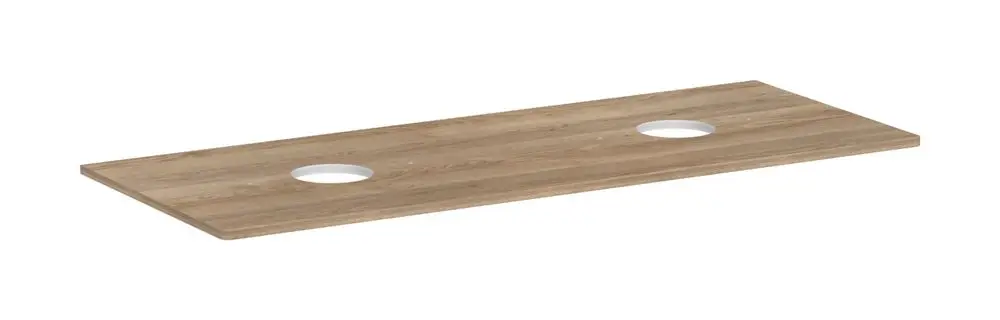 Holzplatte im natürlichen Eichendesign mit zwei kreisförmigen Ausschnitten. Geeignet für die Montage einer Aufsatzwaschbecken-Konsole von Hansgrohe.